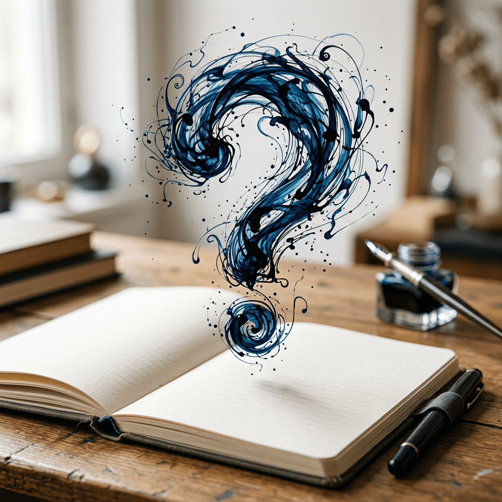 Blue ink swirling in the shape of a question mark above an open notebook
