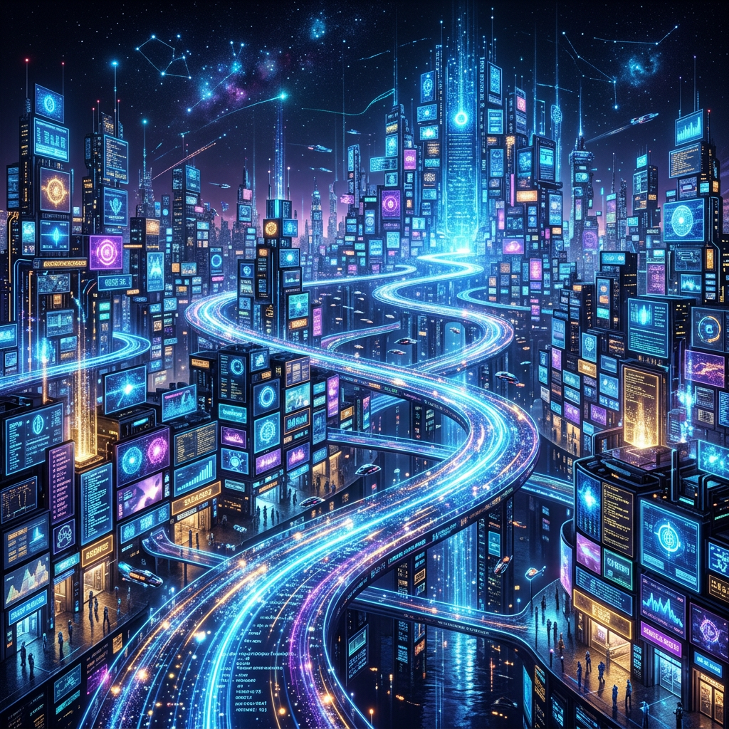 Futuristic city with illuminated skyscrapers displaying digital data and winding glowing data roads