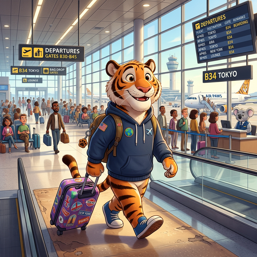 Tiger character with suitcase walking in modern airport terminal towards gate B34 Tokyo